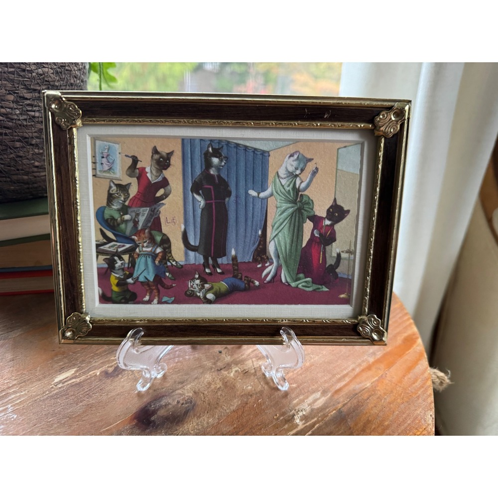 Vintage Anthropomorphic Cat Art Print Framed Whimsical Feline Dressmaker READ